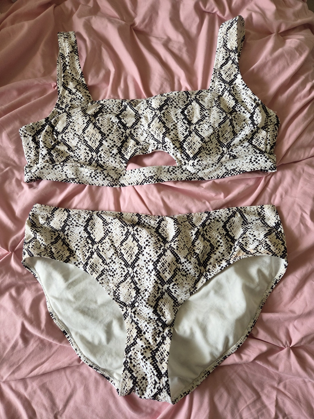 Time and Tru Cream and Black Snake Print Cutout Bikini Set